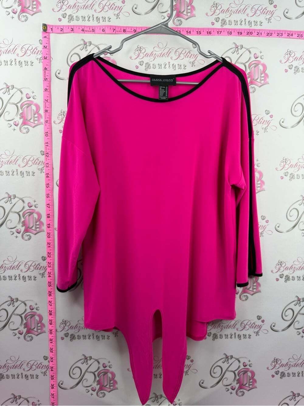 Frank Lyman blouse tie up hem Design Bright Fuchsia Tunic with Black Trim
